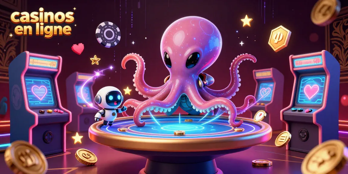 Jouez aux casinos en ligne avec une illustration dynamique d'un octopus extraterrestre et une table de poker holographique.