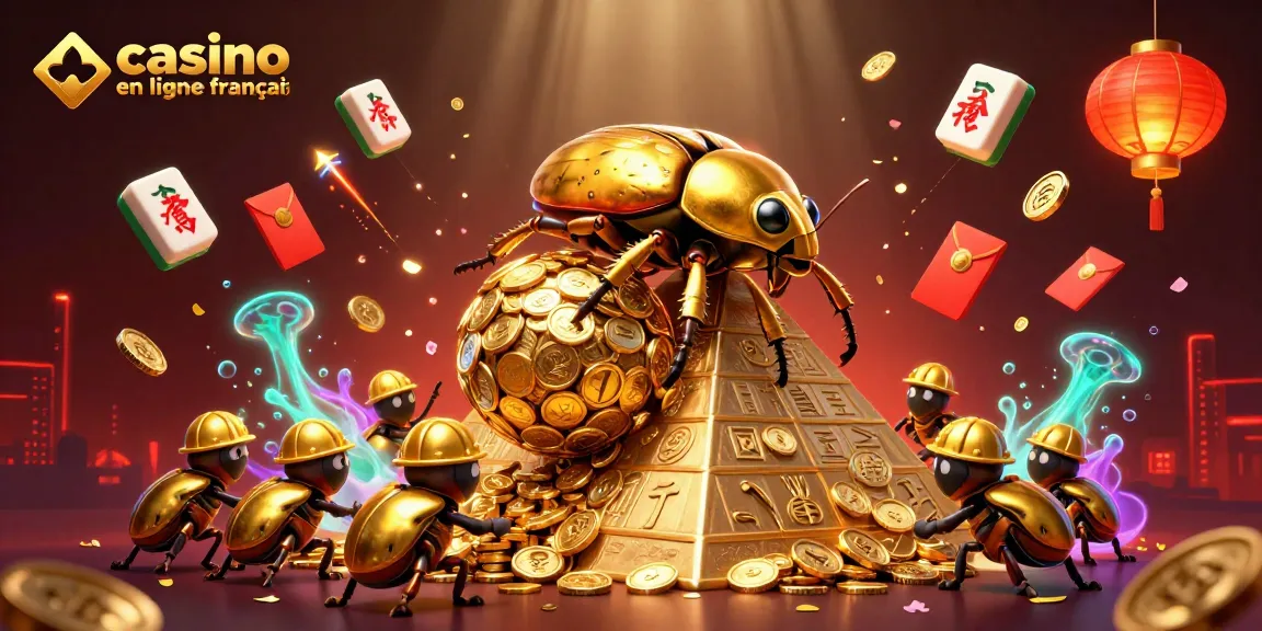 Illustration dynamique d'un scarabée doré et d'éléments de jeu immersifs, casino en ligne français