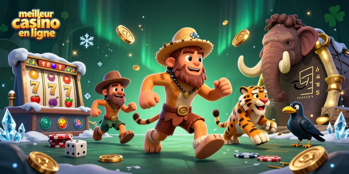 Jouez dans le meilleur casino en ligne avec une scène animée de personnages préhistoriques et des éléments de jeu captivants.